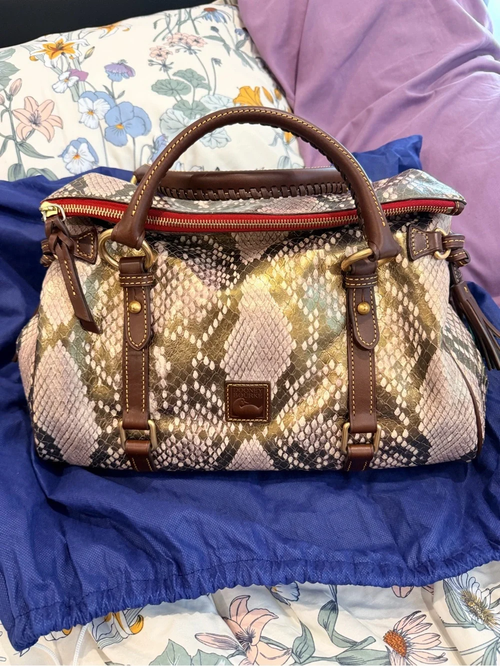 Dooney & Bourke Brown and Cream Snake-Print Satchel with Red Zip Accent